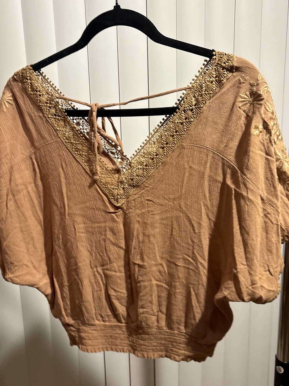 Self Esteem Embroidered V-Neck Blouse in Tan